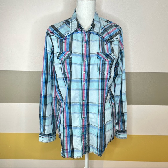 Wrangler Tops - 2/$25 Rock by Wrangler Blue Plaid Rodeo Cowgirl Country Cow Bull Horse Western L